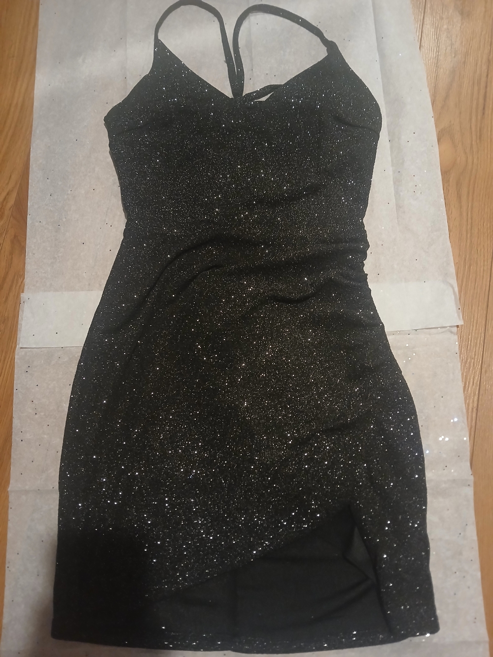 Crystal Doll Black Glitter Spaghetti Strap Mini Dress